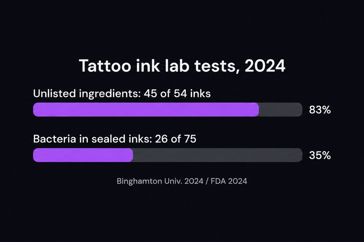 Bar chart of 2024 tattoo ink lab tests: 83 percent of inks (45 of 54) had unlisted ingredients, and 35 percent of sealed inks (26 of 75) contained bacteria